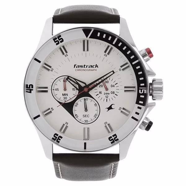 Fastrack Big Time Quartz Chronograph Black Dial Leather Strap Watch for Guys